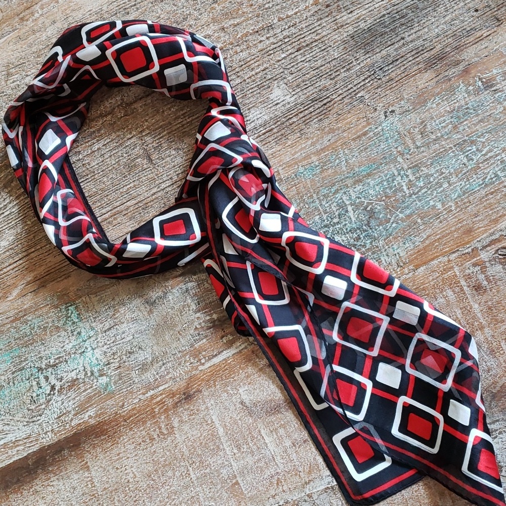 ECHO vintage Silk Scarf Red,Black,White 54"x11" EUC (scarf only)  (BIN 008)